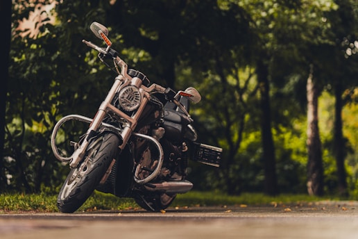 A sleek motorcycle is parked on a wet pavement with lush, green trees in the background. The light reflects off the chrome details, and the scene is serene with a hint of adventure.