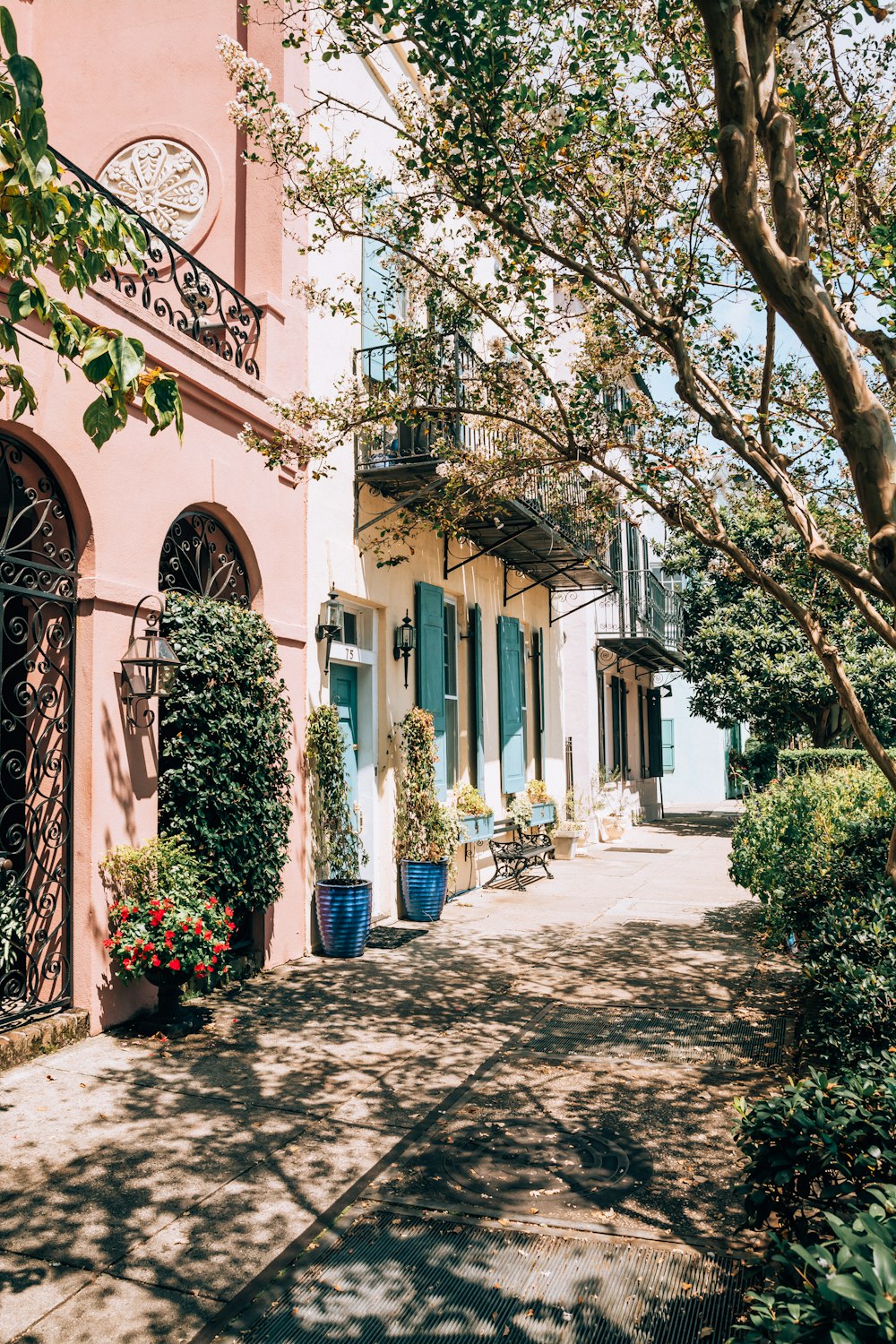 a pink building with blue shutters and potted plants