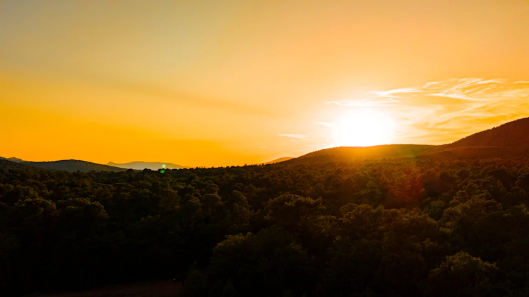 A vibrant sunset over a dense jungle with a winding river below