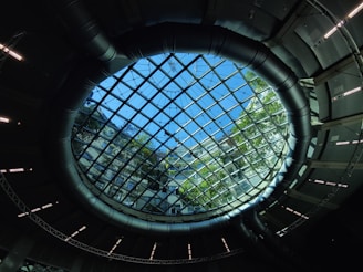 A large, circular glass skylight dominates the ceiling, with a grid pattern. Through the glass, trees and a building are visible against a bright blue sky. Metal beams and structures frame the skylight, giving it a modern architectural feel.