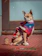 A small dog wearing a colorful handmade dress, sitting happily on a sunny porch.