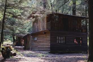a wooden cabin in the woods with trees around it