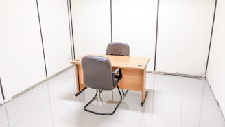 Two professional lawyers in a minimalist office, discussing case files over a sleek white desk.