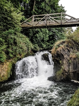 Hikers crossing a wooden bridge over a sparkling waterfall surrounded by dense forest.