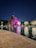 A large, abstract wooden sculpture is illuminated with vibrant pink lighting, positioned over a pool of water. The water reflects the lights, creating a mesmerizing visual effect. Surrounding the sculpture are well-lit trees and a clear night sky.