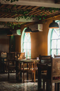 Charming café interior with rustic decor and natural light.