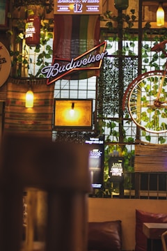 Close-up of decorative elements like plants and vintage signs in a bar.