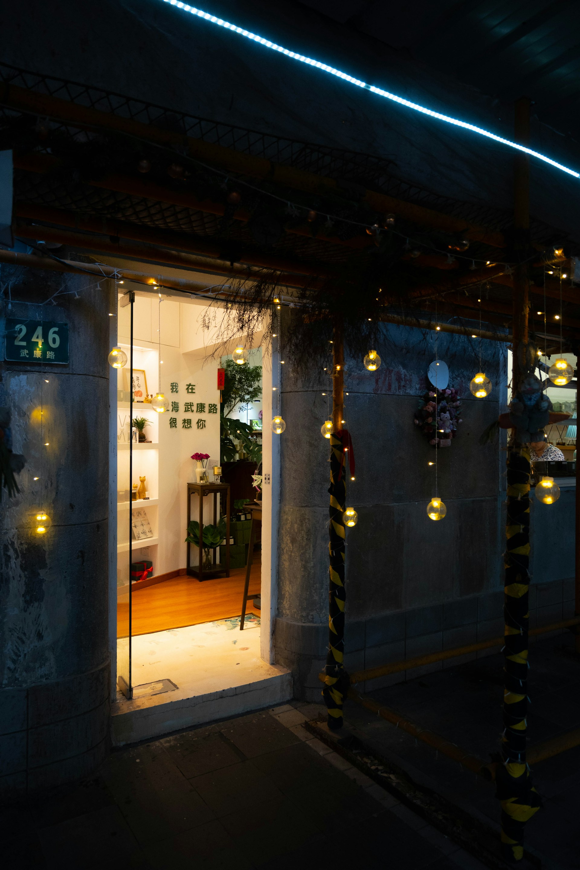 A charming entrance of a traditional meyhane with wooden doors and warm lighting.