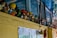 A collection of various figurines is lined up on a yellow shelf against a backdrop of windows and a blue sky ceiling. The figurines are diverse, featuring colorful characters, some with distinctive hats and outfits. Below the shelf, part of a wall with pictures and a red ribbon or cloth hanging is visible.