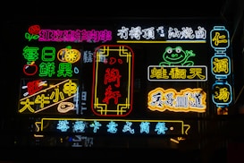 Colorful neon signs featuring various Chinese characters and symbols, including a frog, fruit, and skewers, brighten the dark background. The eclectic mix suggests a lively, vibrant atmosphere, likely associated with a food or entertainment district.