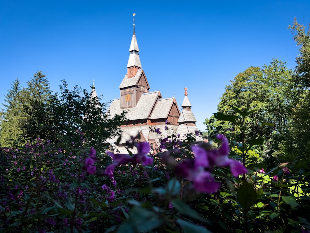 a building with a steeple surrounded by purple flowers