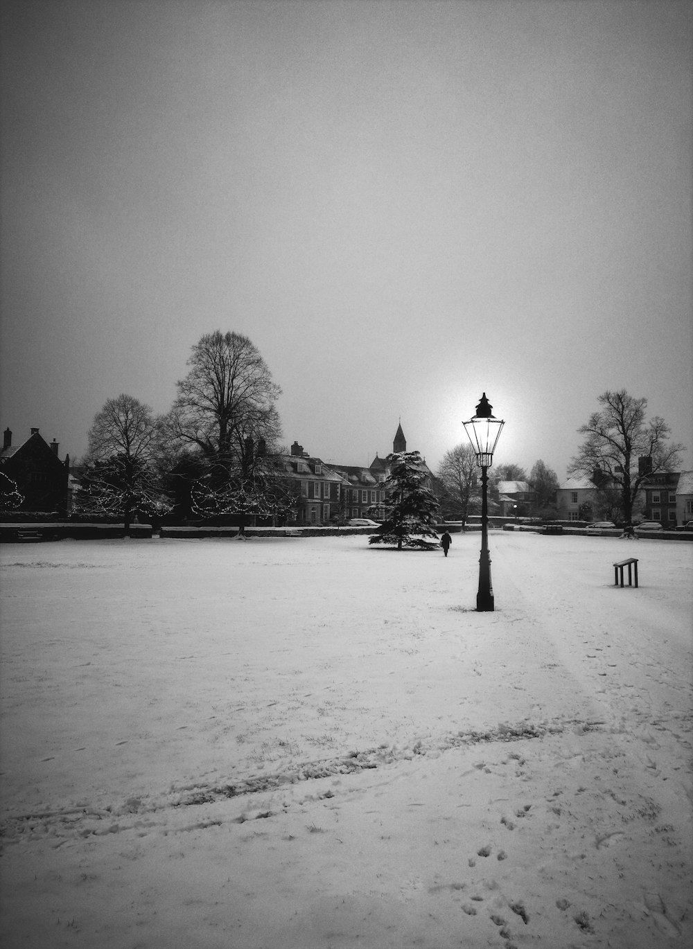 a street light sitting in the middle of a snow covered field
