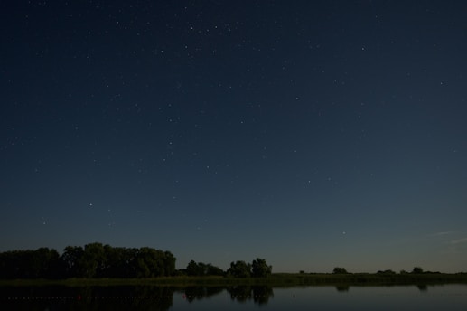 A serene dark academy style landscape with starry skies over an ocean at twilight.