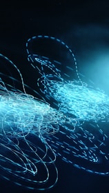 Abstract swirling lines forming a subtle clock shape, glowing gently in blue and white hues.