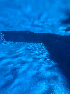 A serene swimming pool bathed in soft blue light with gentle ripples on the water surface