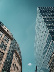 A modern industrial zone with turquoise accents and clear skies, symbolizing growth and opportunity.