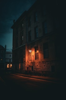 A quiet street corner bathed in the warm glow of a streetlamp at dusk