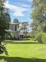 A cozy family home with pristine windows surrounded by lush greenery.
