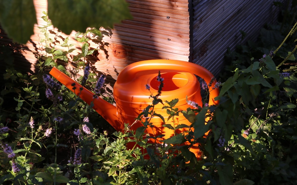 an orange watering can sitting in the middle of a garden