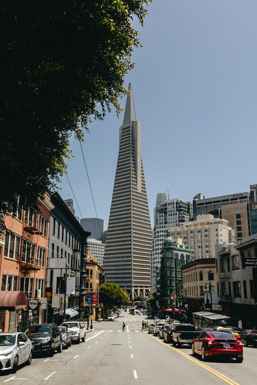 a city street lined with tall buildings and parked cars