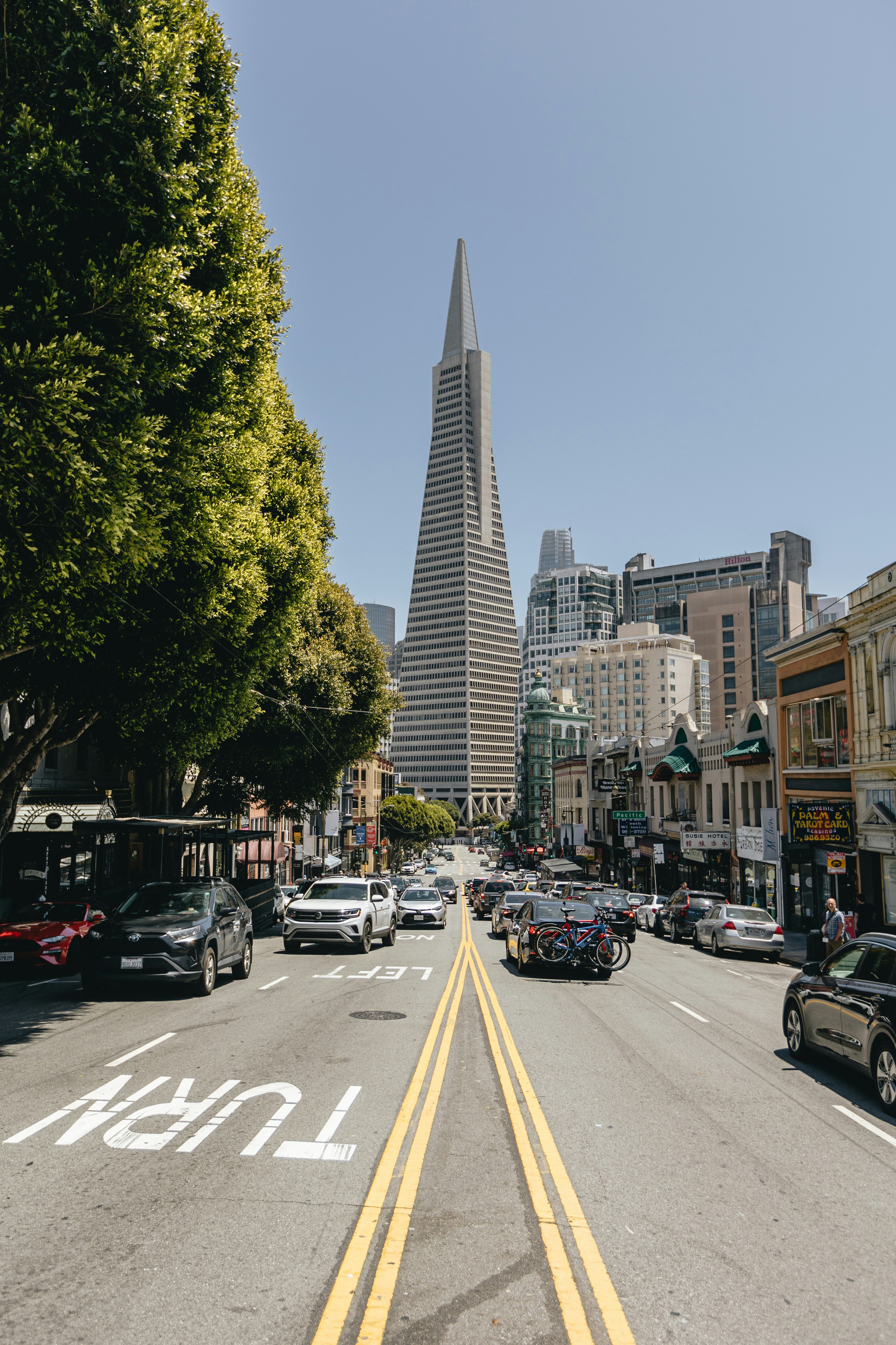 a city street lined with tall buildings and parked cars