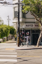 A street corner featuring a small grocery store with signs indicating 'Grocery Deli' and 'Hayes Market'. The storefront has large windows with posters and advertisements. Two people are seen walking on the sidewalk near a fire hydrant. Overhead, power lines and a cable are visible, along with some lush green trees providing shade. The street includes a pedestrian crossing and cars parked along the side.