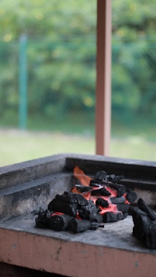 A pile of black charcoal is glowing with red embers in an outdoor grill. The charcoal pieces are arranged in a pile, indicating they might be ready for cooking. In the background, there is a blurred view of greenery, possibly a garden, with soft lighting suggesting a calm day.