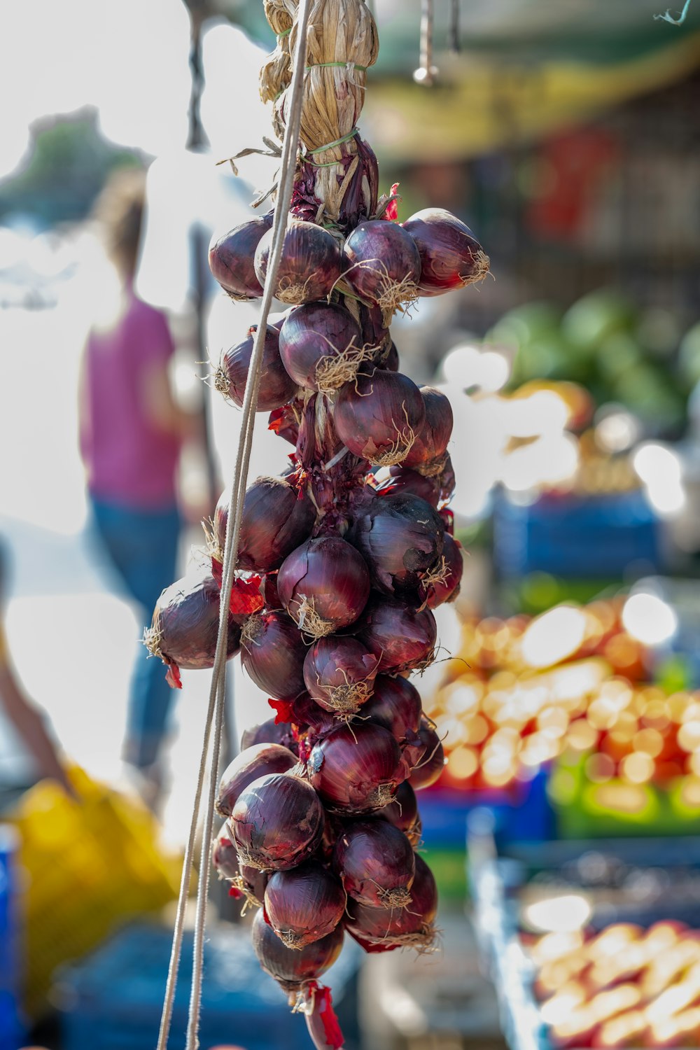 a bunch of onions hanging from a string