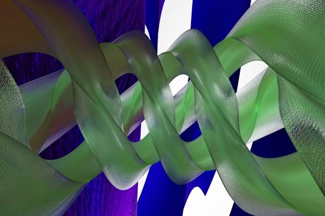 A complex arrangement of intertwining green and transparent ribbons or strands set against a background of deep blue and white. The ribbons create a dynamic, twisting pattern, and have a textured appearance that gives a sense of depth and movement.