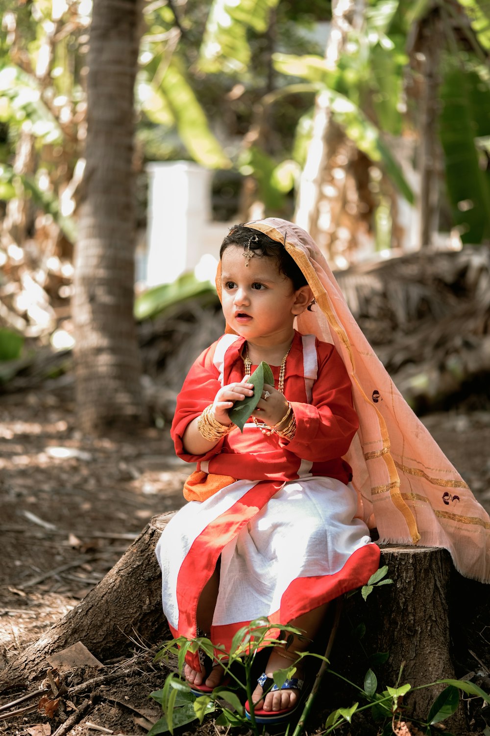 a little girl in a red and white dress sitting on a tree stump