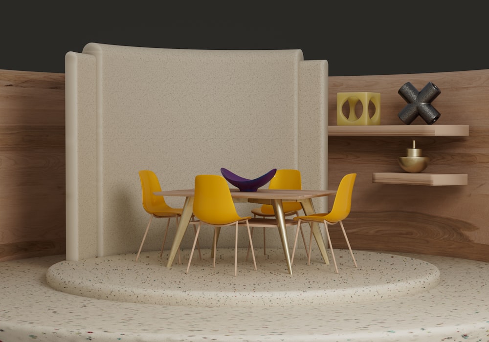 a room with a table and yellow chairs