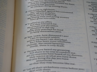 A close-up of a page from an open book, showing printed text in both prose and numbered verses. The text seems to be focused on themes of distress, seeking divine guidance, and historical or religious content.