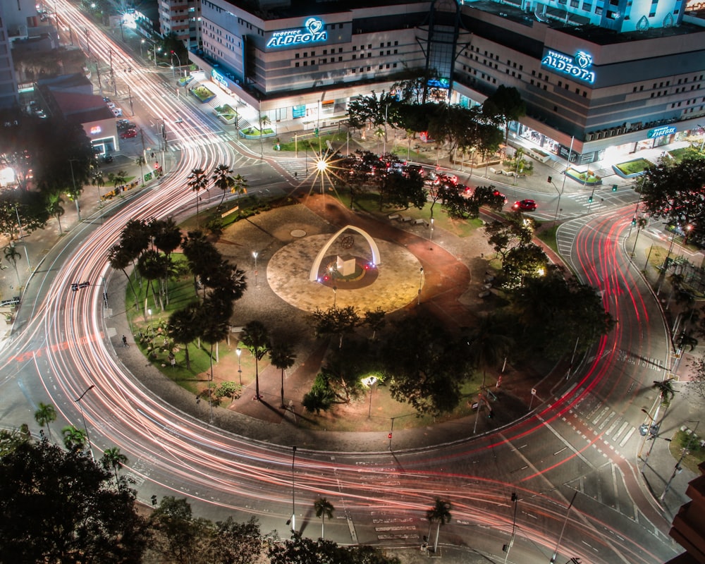 an aerial view of a city at night