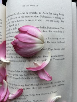 A book page is open, displaying text alongside pink and white flower petals strategically placed on its surface. The text seems to be from a narrative, possibly a novel, with conversations and expressive language visible. The petals add an element of delicacy and elegance to the scene.