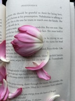 A book page is open, displaying text alongside pink and white flower petals strategically placed on its surface. The text seems to be from a narrative, possibly a novel, with conversations and expressive language visible. The petals add an element of delicacy and elegance to the scene.