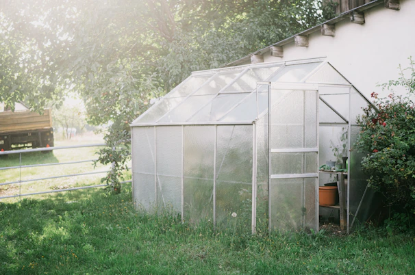 A cozy backyard scene featuring Virelia's robot mower garage and vertical planters under soft sunlight.