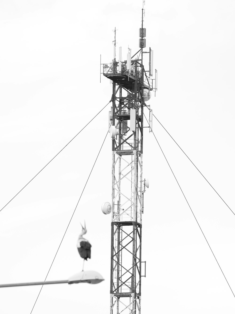 a black and white photo of a cell phone tower