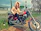 Smiling woman sitting on a Yamaha motorcycle with the Ráfaga dealership in the background.