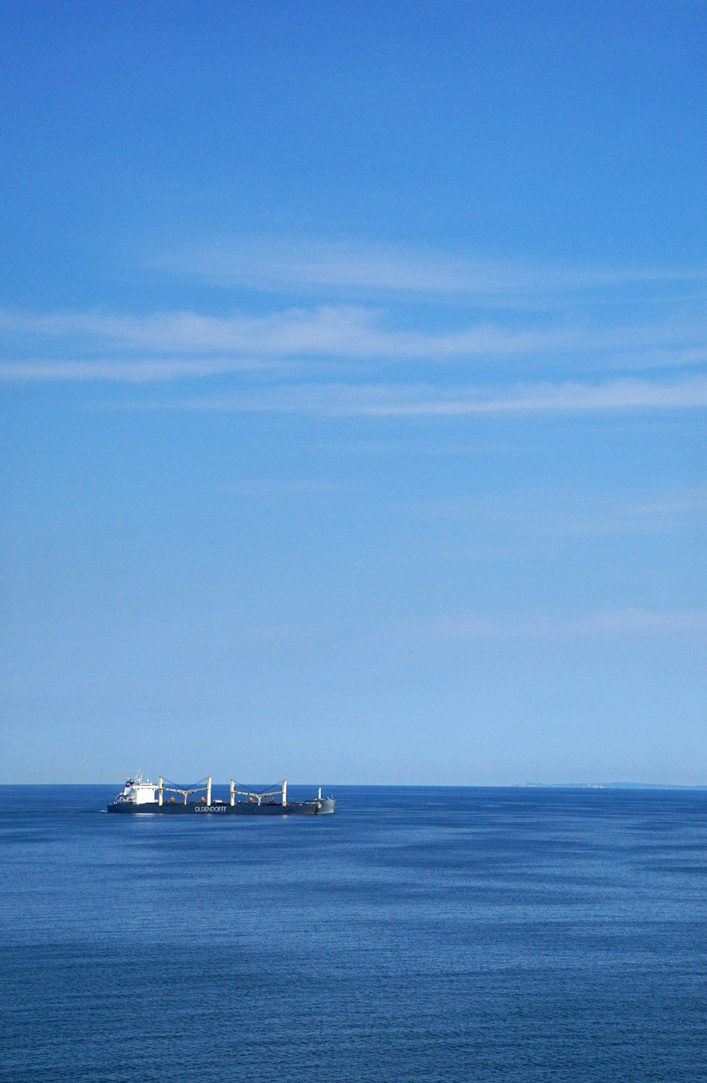 a large body of water sitting under a blue sky