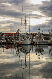 Calm water reflections with boats moored in a quiet harbor.