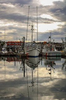 Calm water reflections with boats moored in a quiet harbor.