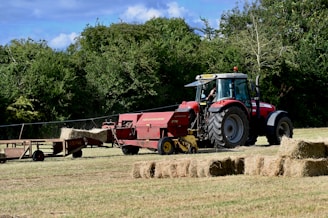 A red tractor is operating in a field, towing a hay baler that is processing the cut grass into rectangular bales. The bales are neatly arranged on the ground in the foreground. Tree-lined greenery creates a natural backdrop, and the sky is partly cloudy with blue patches visible.