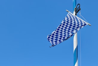 a blue and white checkered flag hanging from a pole