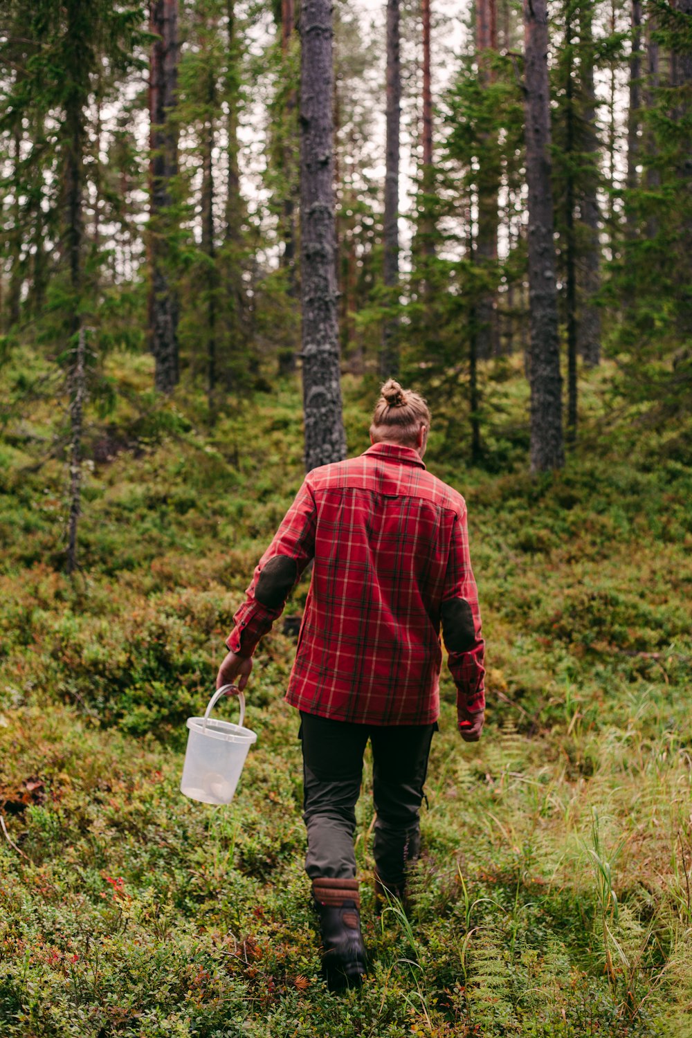 a man walking through a forest carrying a bucket