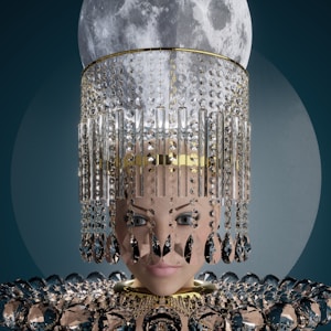 An intricate and surreal artwork featuring a person partially obscured by a crystal or glass headpiece, with a large moon or celestial body above. The headpiece is ornate, composed of clear and reflective crystals or gems. The person wears a similarly elaborate garment, emphasizing a luxurious and fantastical aesthetic. The background is a deep, dark tone, adding to the mystical atmosphere.