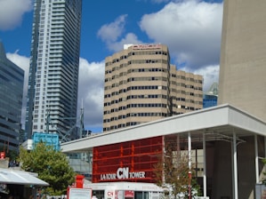 A cityscape showing multiple commercial buildings serviced by Noble Entry Systems.