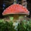A vibrant red mushroom with white spots is prominently displayed, surrounded by lush green moss in a forest setting. The mushroom's cap is wide and circular, and its stem is sturdy and pale in color. The background is softly blurred with hints of trees and sunlight filtering through.