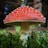 A vibrant red mushroom with white spots is prominently displayed, surrounded by lush green moss in a forest setting. The mushroom's cap is wide and circular, and its stem is sturdy and pale in color. The background is softly blurred with hints of trees and sunlight filtering through.