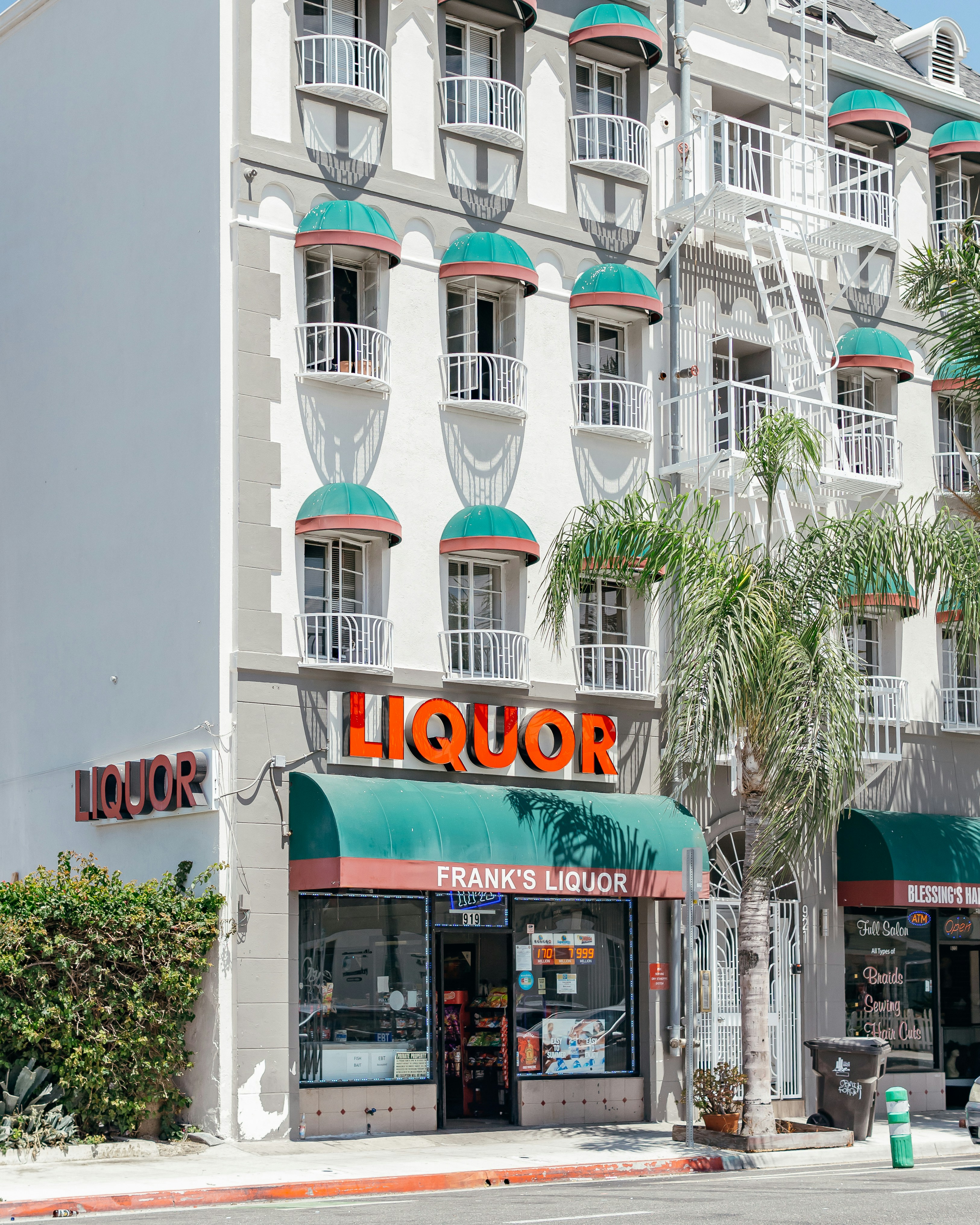a liquor store with a palm tree in front of it