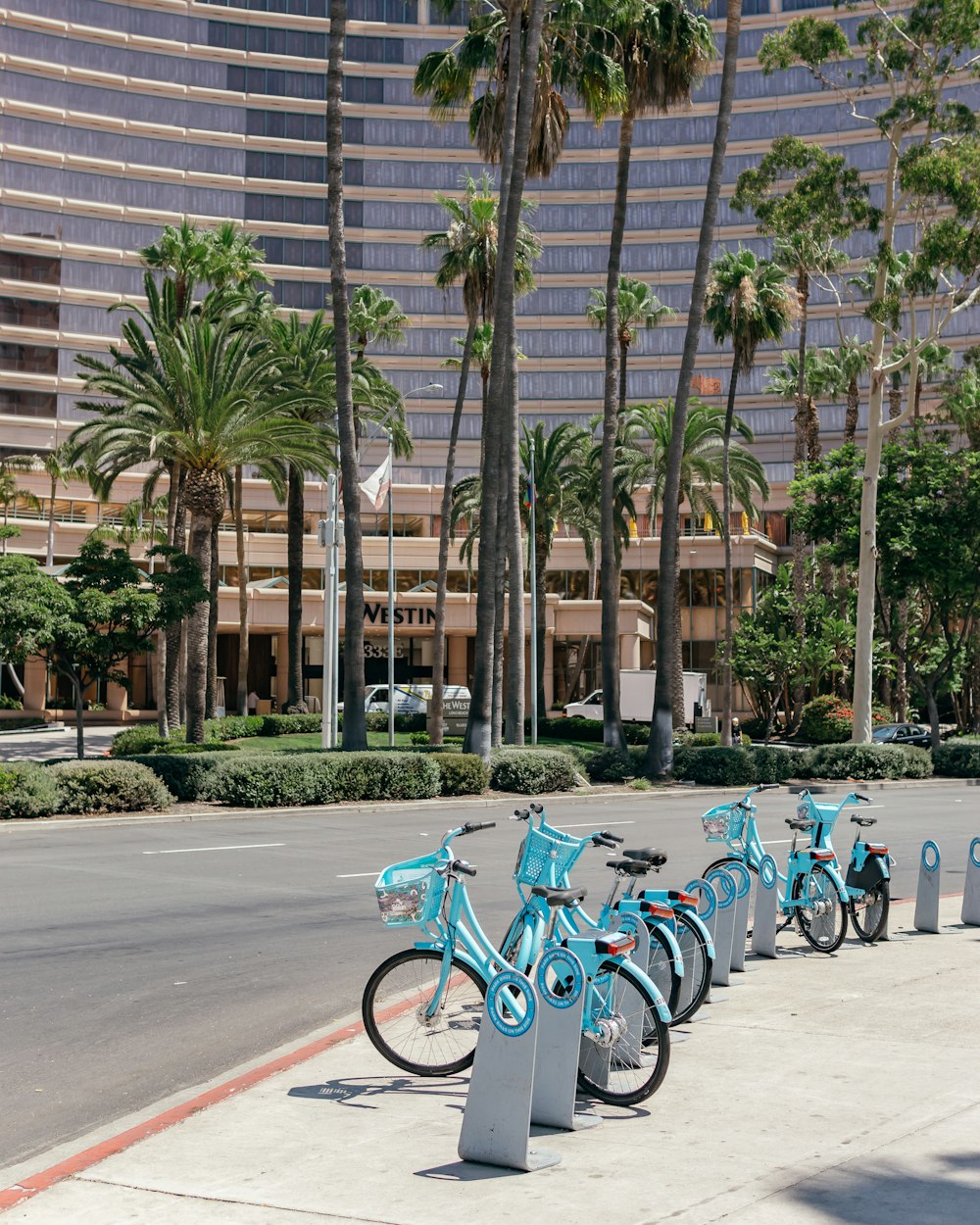 a row of blue bicycles parked next to each other